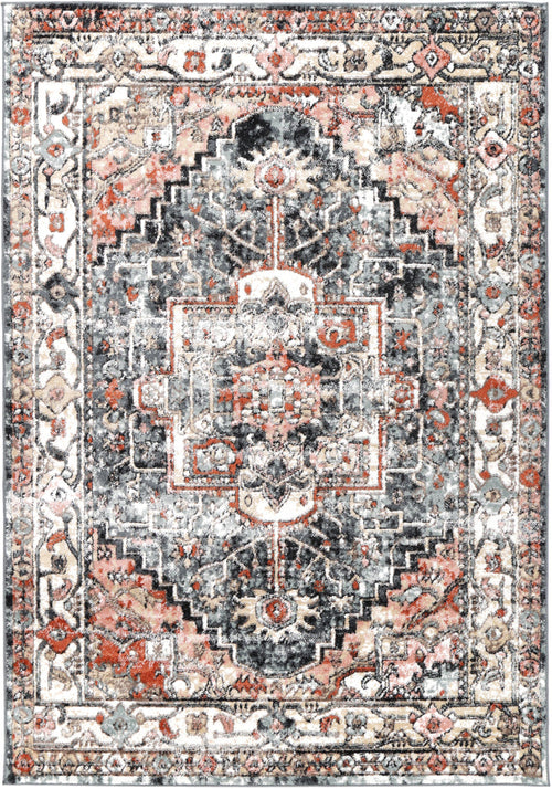 Vintage-inspired area rug with distressed geometric and floral patterns in gray, ivory, and rust.