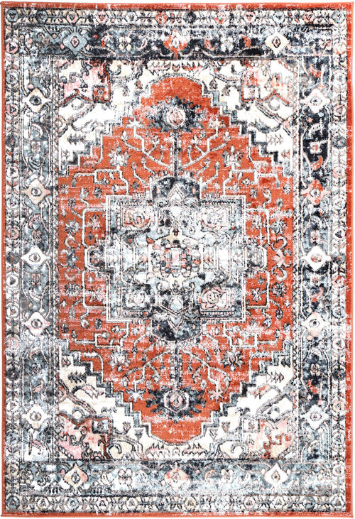 Traditional area rug with orange, white, and blue geometric and floral patterns