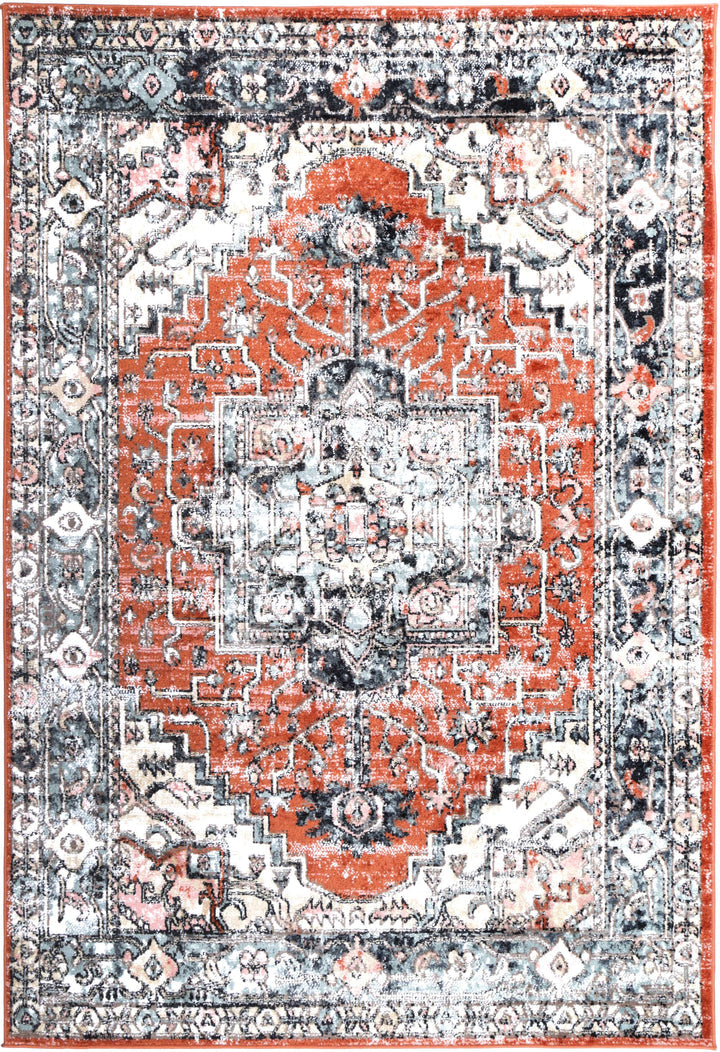 Traditional area rug with orange, white, and blue geometric and floral patterns
