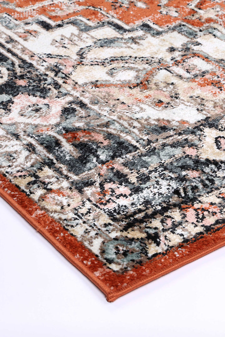 Close-up of multicolor area rug with intricate patterns and orange border on white background
