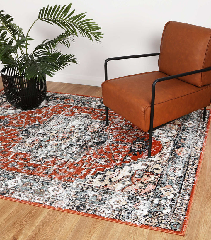 Modern living room with a rust patterned area rug, brown accent chair, and potted plant