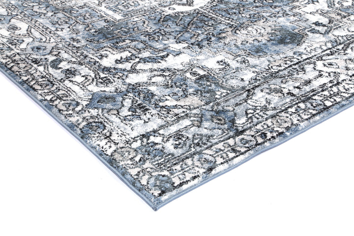 Corner of a blue and white vintage patterned area rug on white background