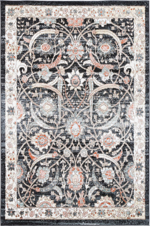 Traditional area rug with intricate floral and vine pattern in black, beige, and rust tones