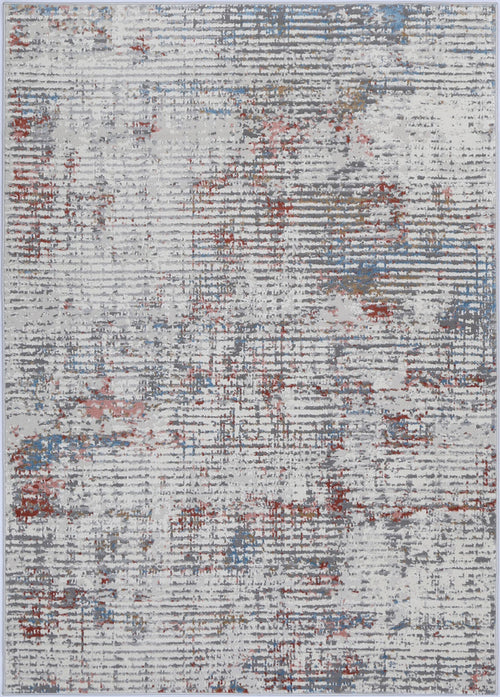 Modern abstract area rug with gray, red, and blue distressed pattern