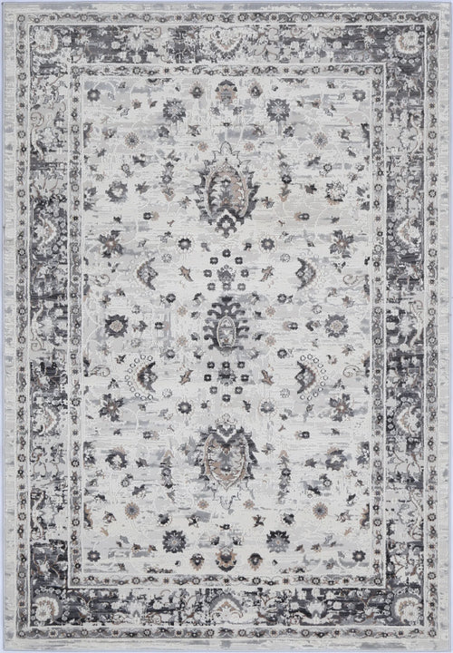 Gray and white area rug with vintage floral pattern and ornate border, ideal for living rooms.