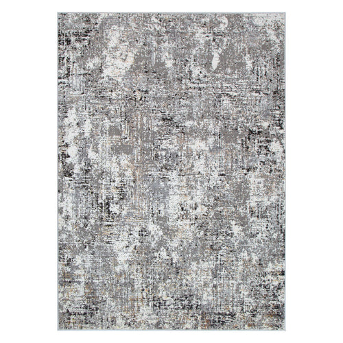 Modern area rug with abstract gray, white, and beige distressed pattern