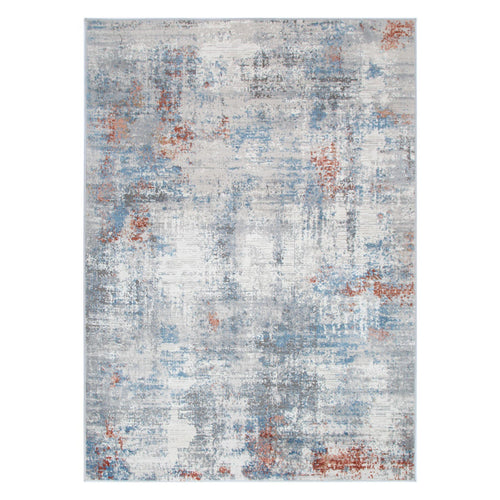 Modern area rug with distressed abstract design in blue, grey, and rust tones