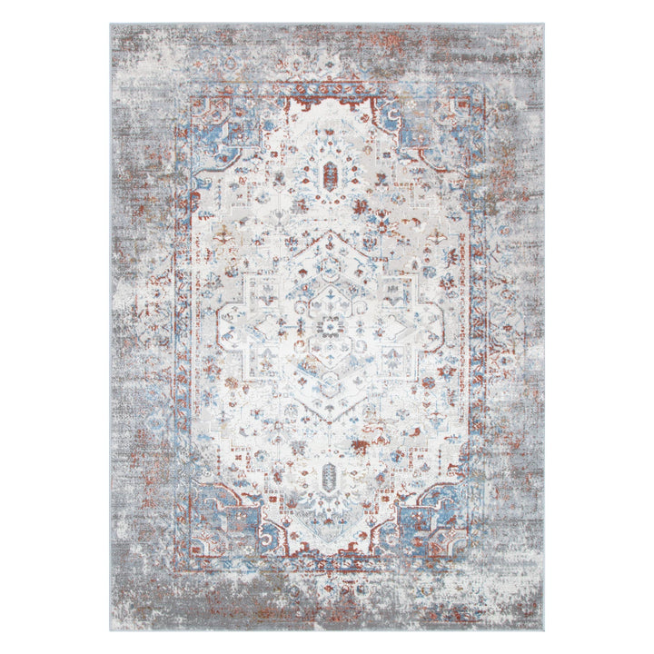 Vintage-style area rug with distressed blue, grey, and rust medallion pattern
