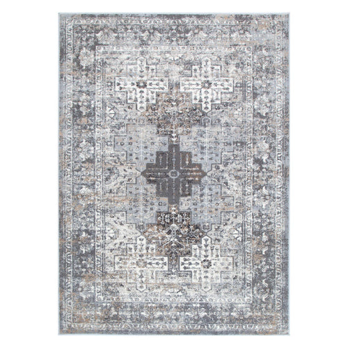 Gray and beige vintage area rug with intricate geometric and floral patterns