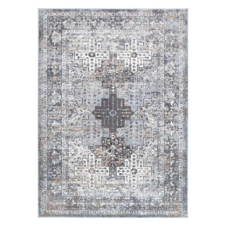 Gray and beige vintage area rug with intricate geometric and floral patterns
