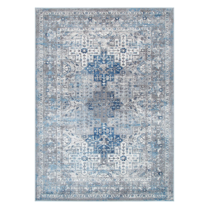 Blue and grey oriental area rug with intricate geometric and floral patterns