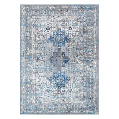 Blue and grey oriental area rug with intricate geometric and floral patterns