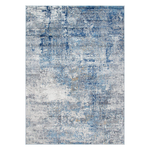 Modern area rug with abstract blue, grey, and cream pattern for living room décor
