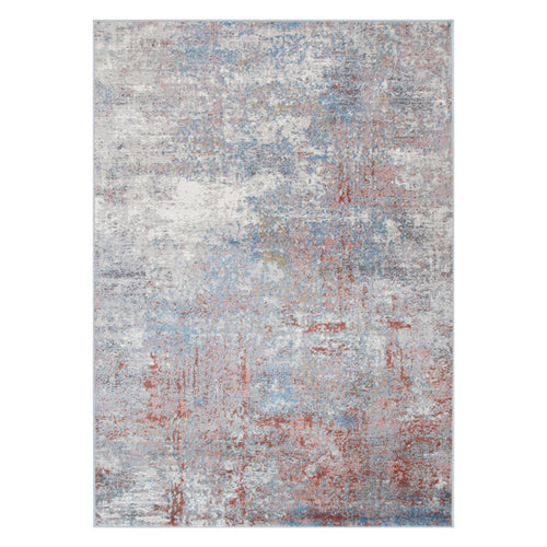 Abstract area rug with blue, grey, and rust tones, modern textured design