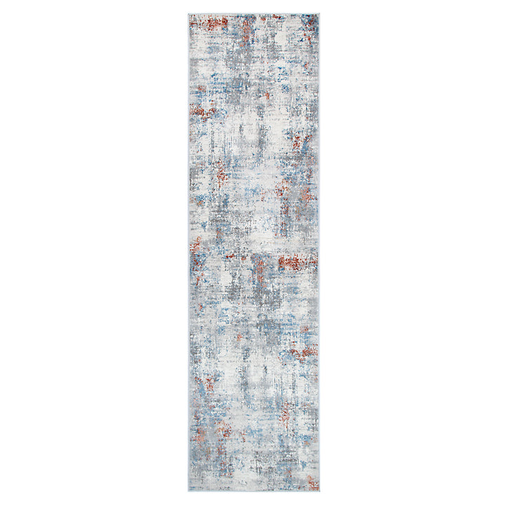 Modern abstract runner rug with blue, grey, and rust accents on a white background