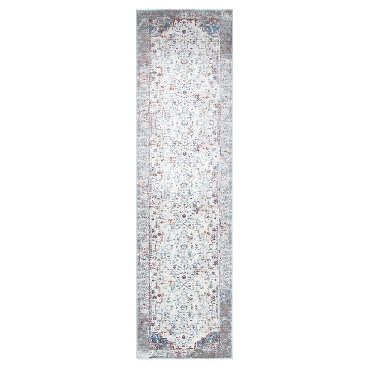 Long vintage-style hallway runner rug with intricate blue and red floral patterns