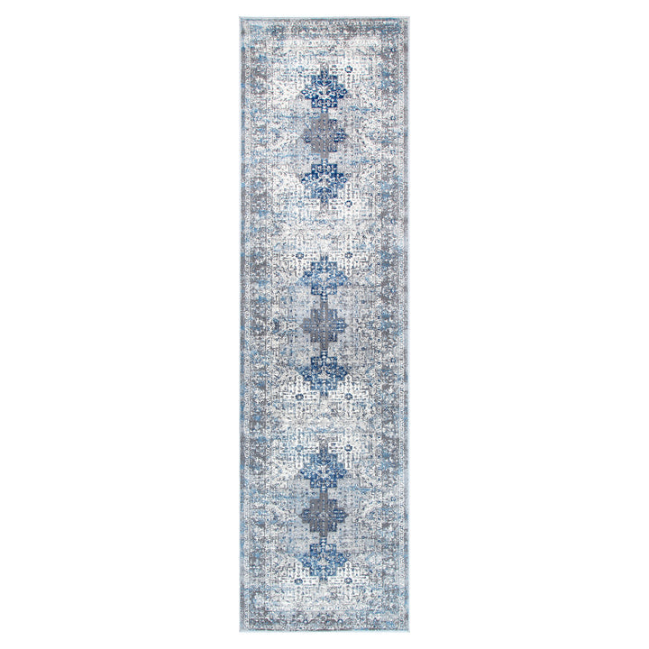 Blue and grey patterned runner rug with geometric design on white background