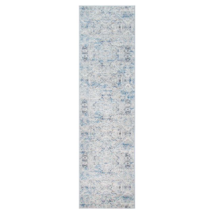 Blue and grey vintage runner rug with intricate distressed pattern