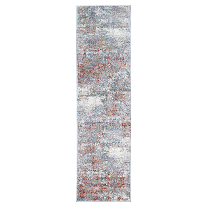 Modern abstract hallway runner rug with blue, grey, and rust pattern