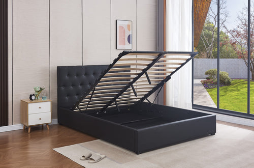Black tufted storage bed frame with lift-up mechanism in modern bedroom, showcasing under-bed storage and wooden slats