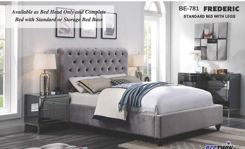 Grey upholstered queen bed with tufted headboard in modern bedroom setting