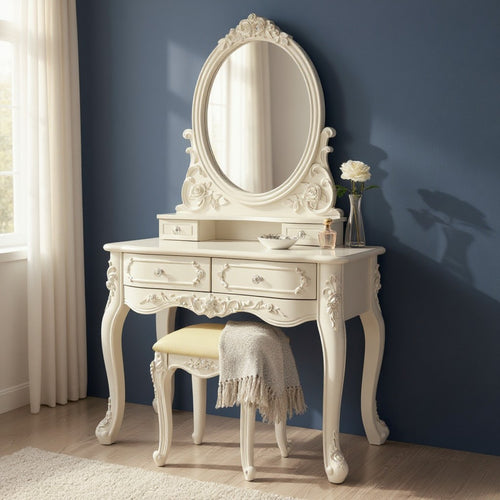 French style white dressing table with ornate details, oval mirror, and matching stool