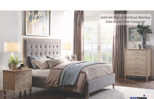 Modern bedroom with upholstered bed, solid ash nightstand and dresser, large windows, and neutral decor.