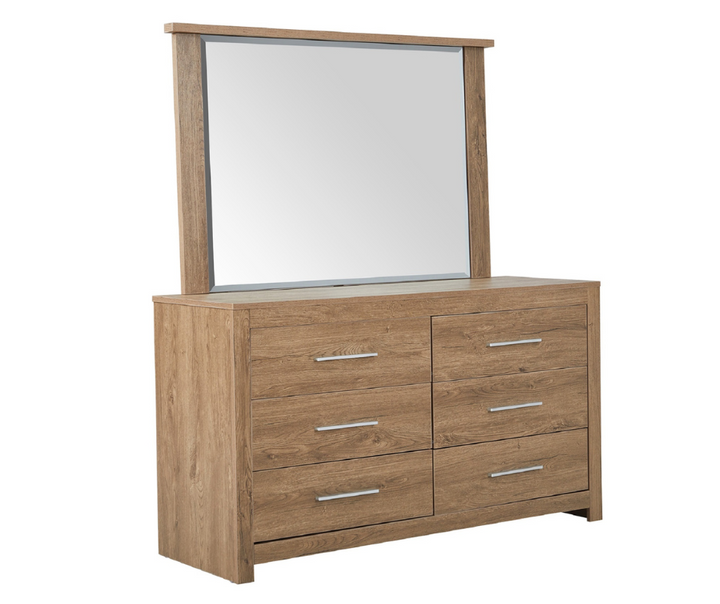Modern wooden dresser with six drawers and a large rectangular mirror