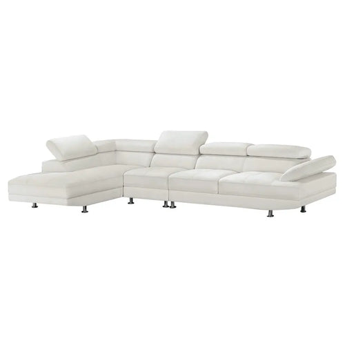 White leather L-shaped sectional sofa with chaise lounge and chrome legs