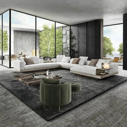 Modern sectional sofa with green armchair in luxury living room, ideal for Sydney homes
