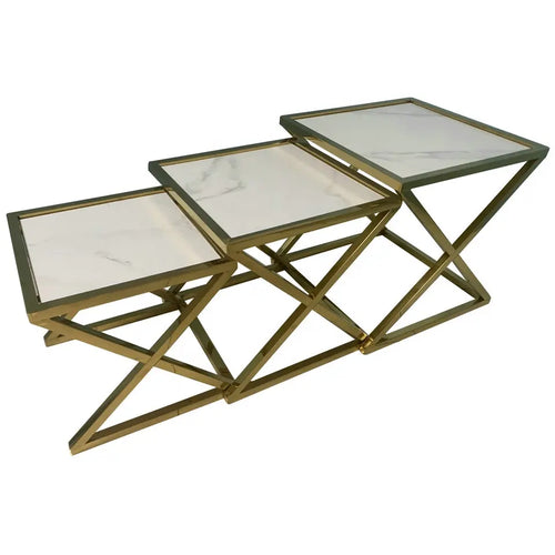 Modern gold metal nesting tables with white marble tops, ideal for living room or lounge decor
