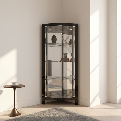 Modern black glass corner display cabinet with shelves in a bright living room corner
