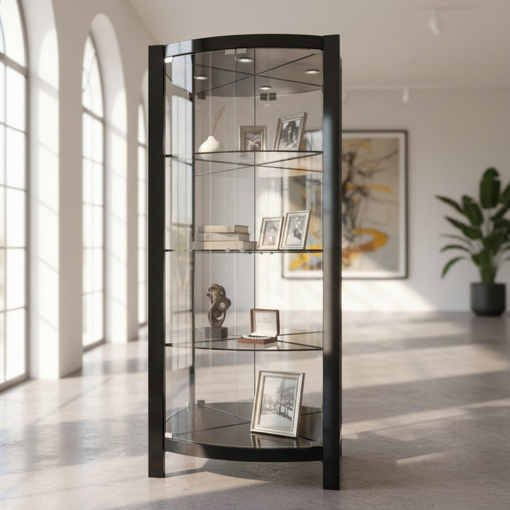 Modern glass display cabinet with black frame, holding decor and photo frames in a bright room