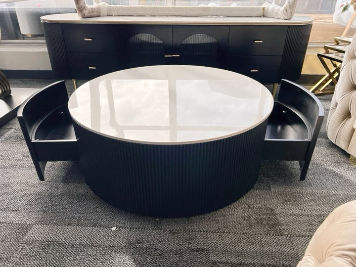 Central Round Black Coffee Table 2 Drawers Sintered Stone Top