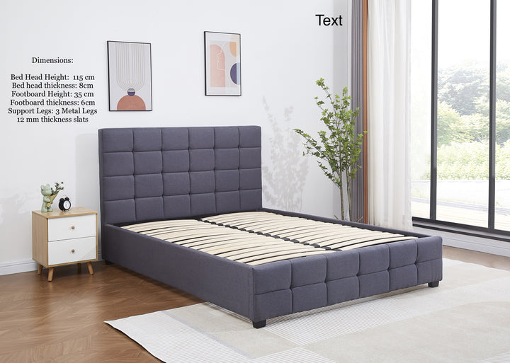 Modern upholstered bed frame with tufted headboard, wooden slats, and nightstand in a bright bedroom.