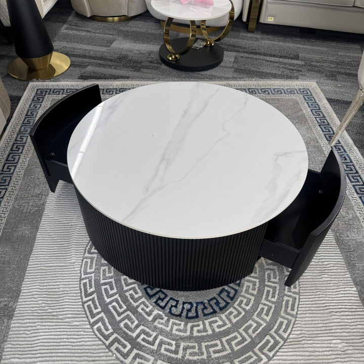 Central Round Black Coffee Table 2 Drawers Sintered Stone Top