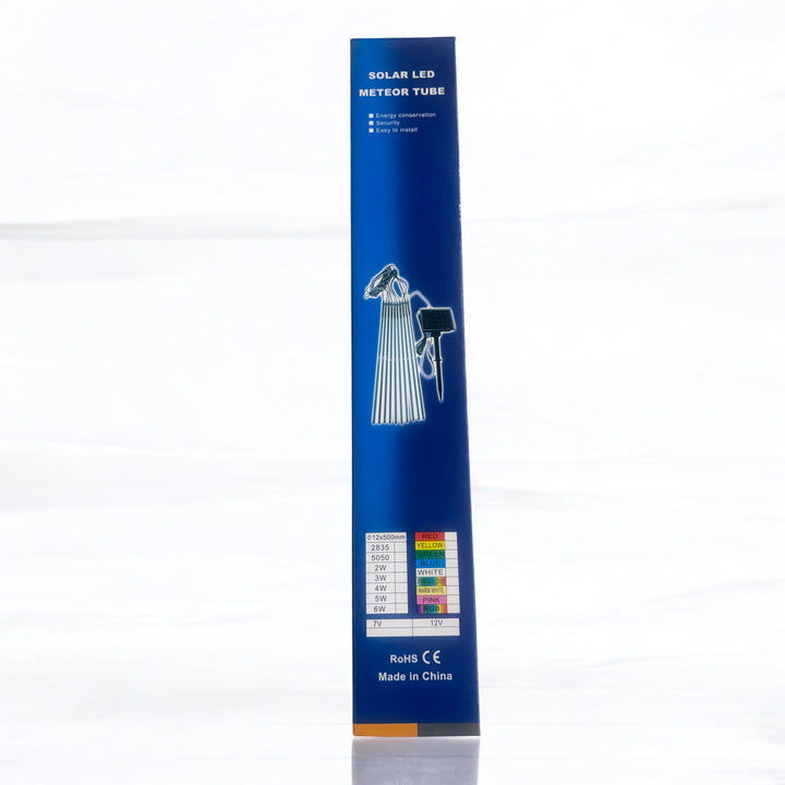 Blue packaging for solar LED meteor tube light, showing product features and color chart.