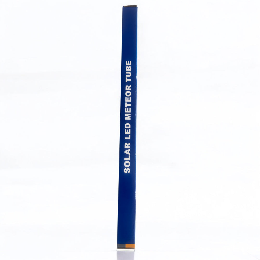 Blue box packaging for solar LED meteor tube, upright on white background