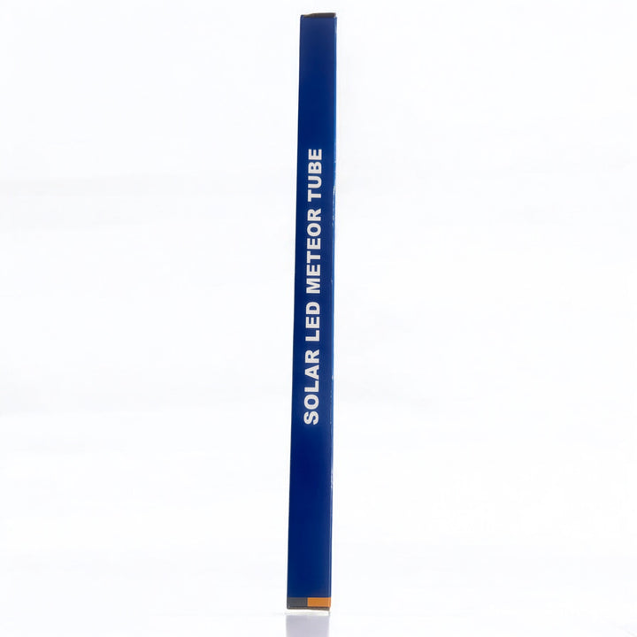 Blue box packaging for solar LED meteor tube, upright on white background