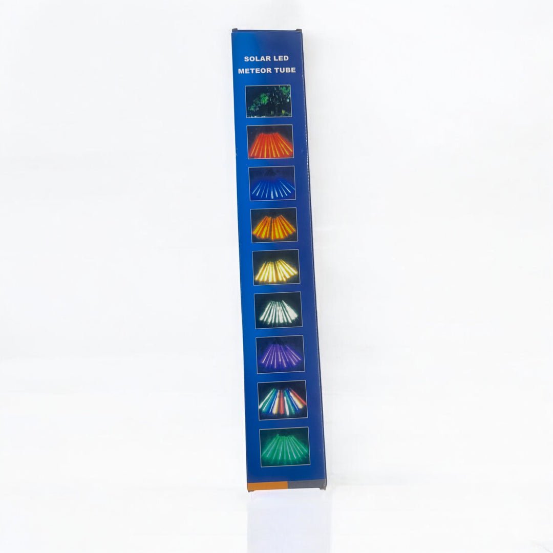 Box packaging for solar LED meteor tube lights with various color options displayed.