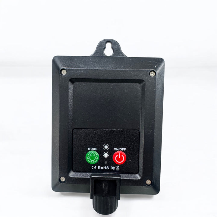 Black electronic control box with mode and on/off buttons, isolated on white background