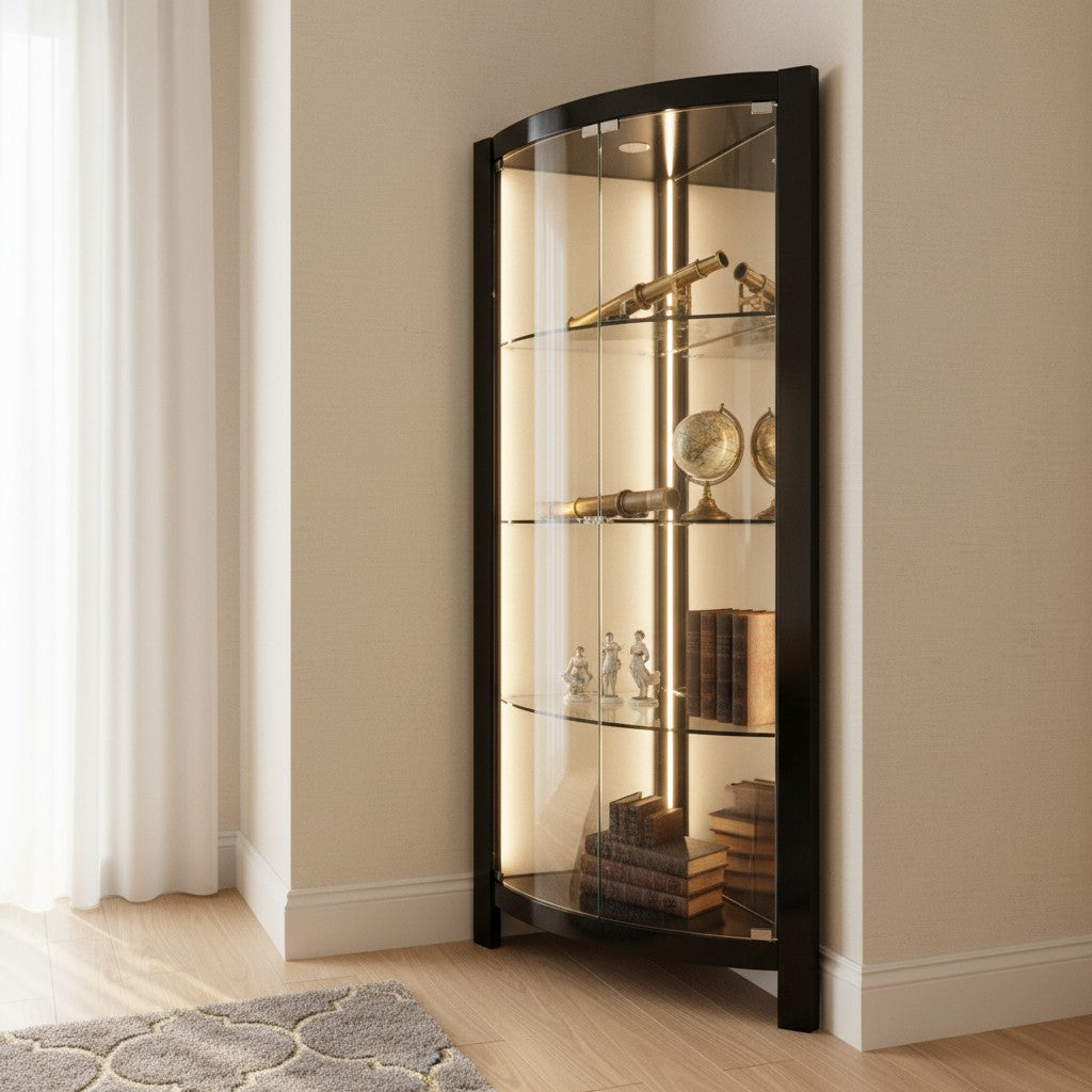 Modern glass display cabinet with black frame, illuminated shelves, books, and decor in corner