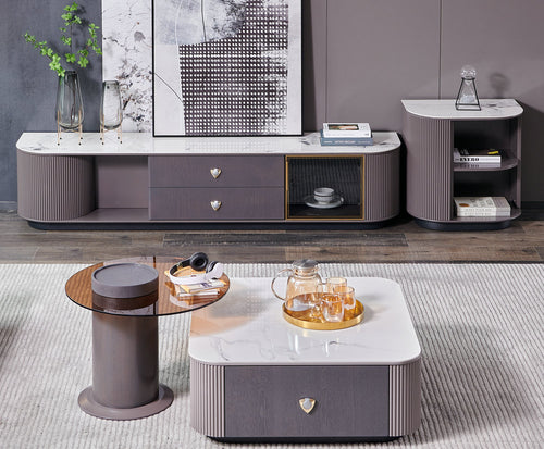 Modern grey TV unit and marble-top coffee table set in stylish living room