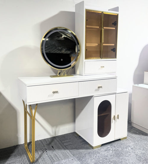 White vanity table with gold legs, LED mirror, and storage cabinets for bedroom makeup station