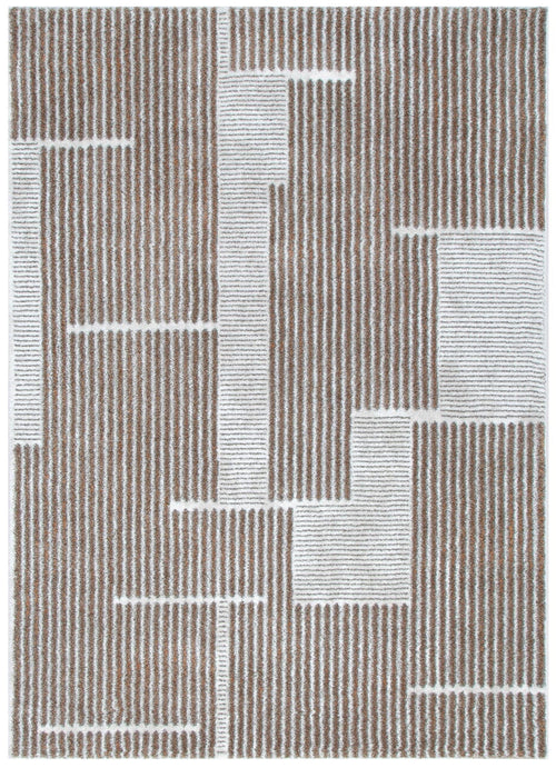 Rectangular area rug with brown and white geometric striped pattern, modern home decor