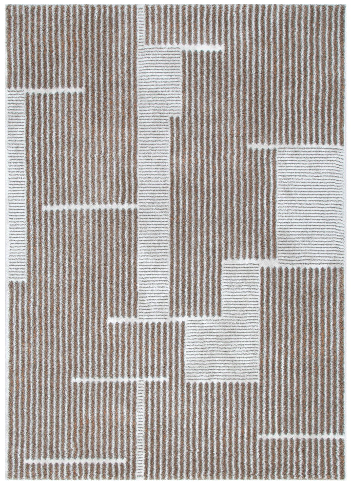 Rectangular area rug with brown and white geometric striped pattern, modern home decor