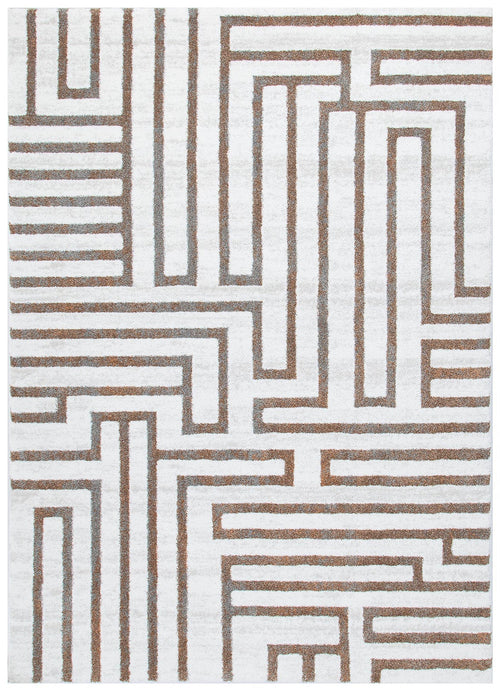 Modern area rug with brown geometric maze pattern on a white background