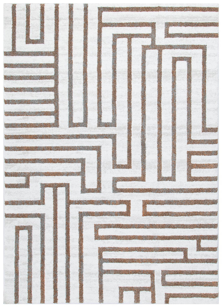 Modern area rug with brown geometric maze pattern on a white background