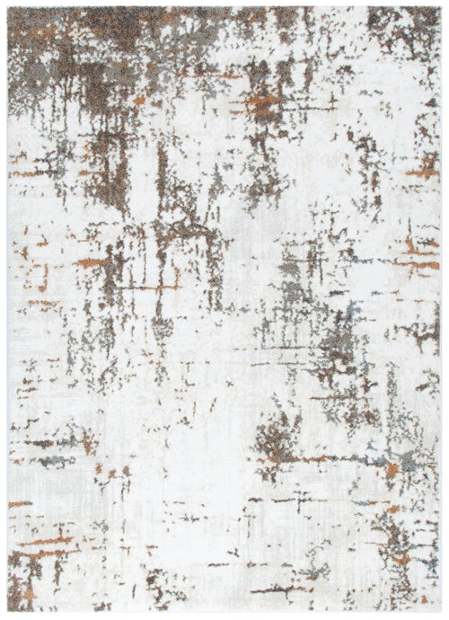 Modern abstract area rug with gray and brown distressed pattern on a white background
