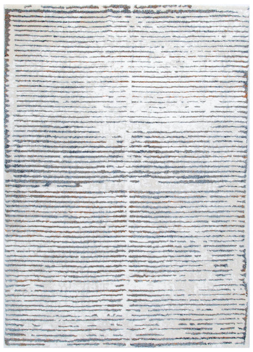 Modern area rug with white background and horizontal grey and brown stripes